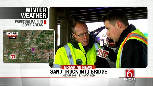 Sand Truck Hits Highway Bridge In Tulsa