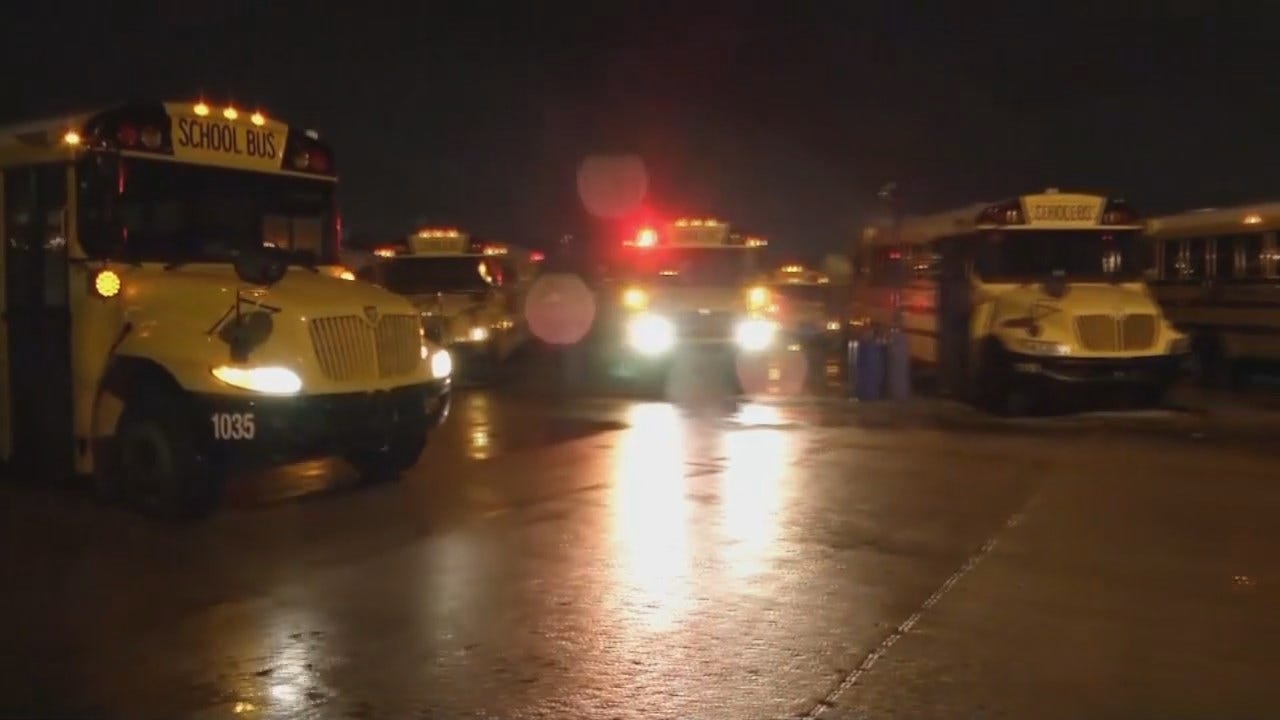 WEB EXTRA: Tulsa Public School Buses Preparing To Leave To Pickup Students