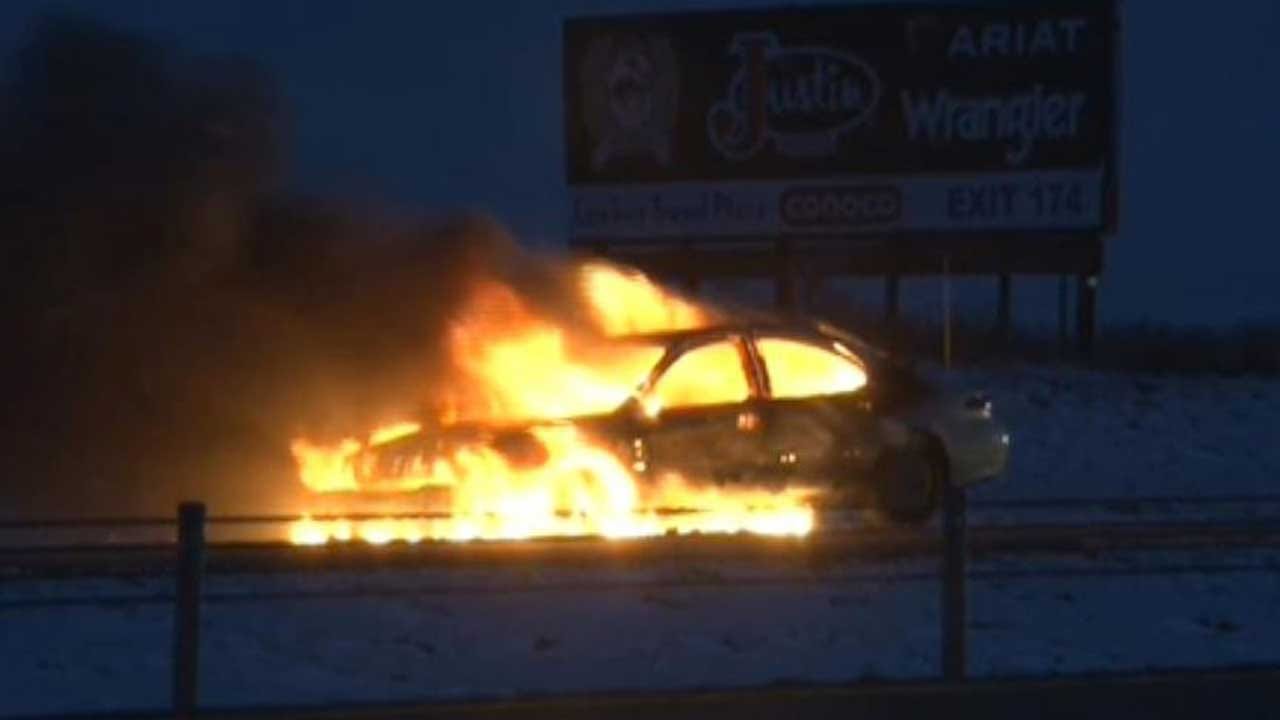 Car Catches Fire Near Mullhall Exit On I-35 Monday