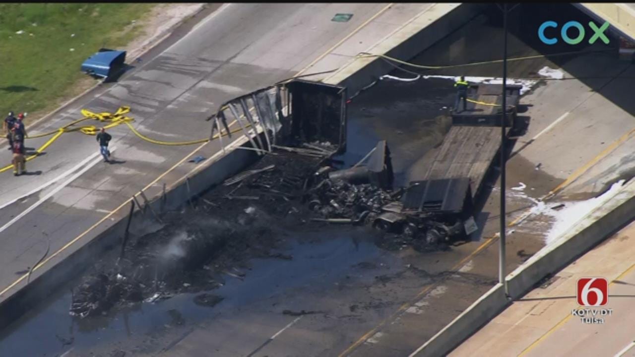 One Lane Of I-44 At Highway 169 Still Closed After Fiery Tulsa Semi Crash