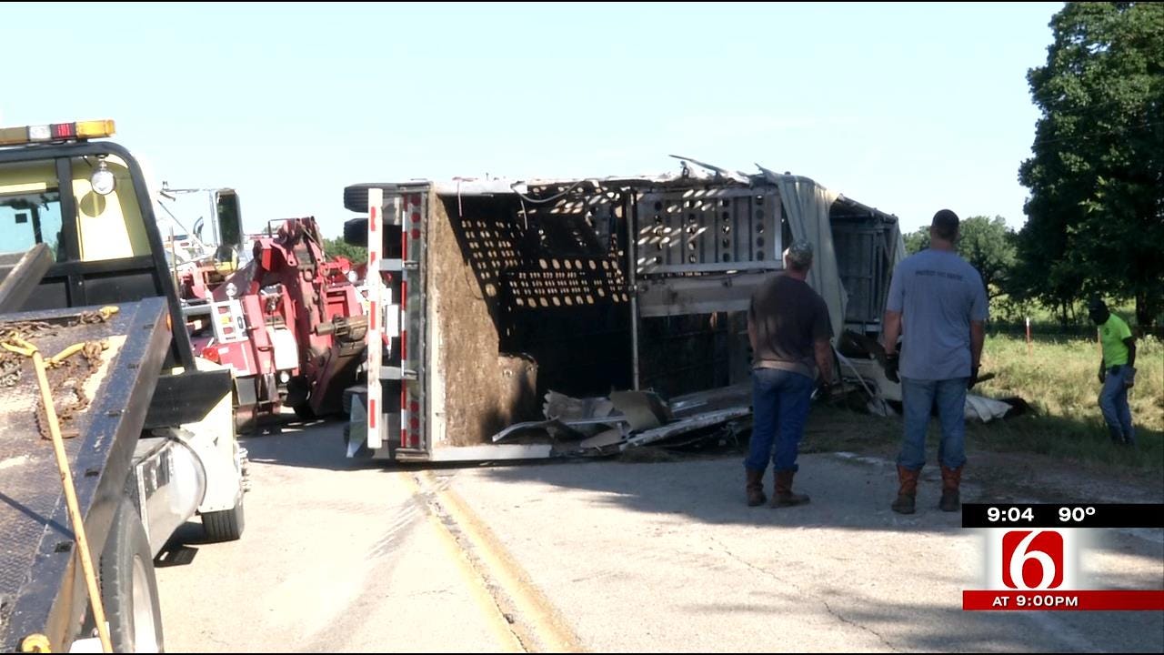 Cattle Truck Overturns On Creek County Highway