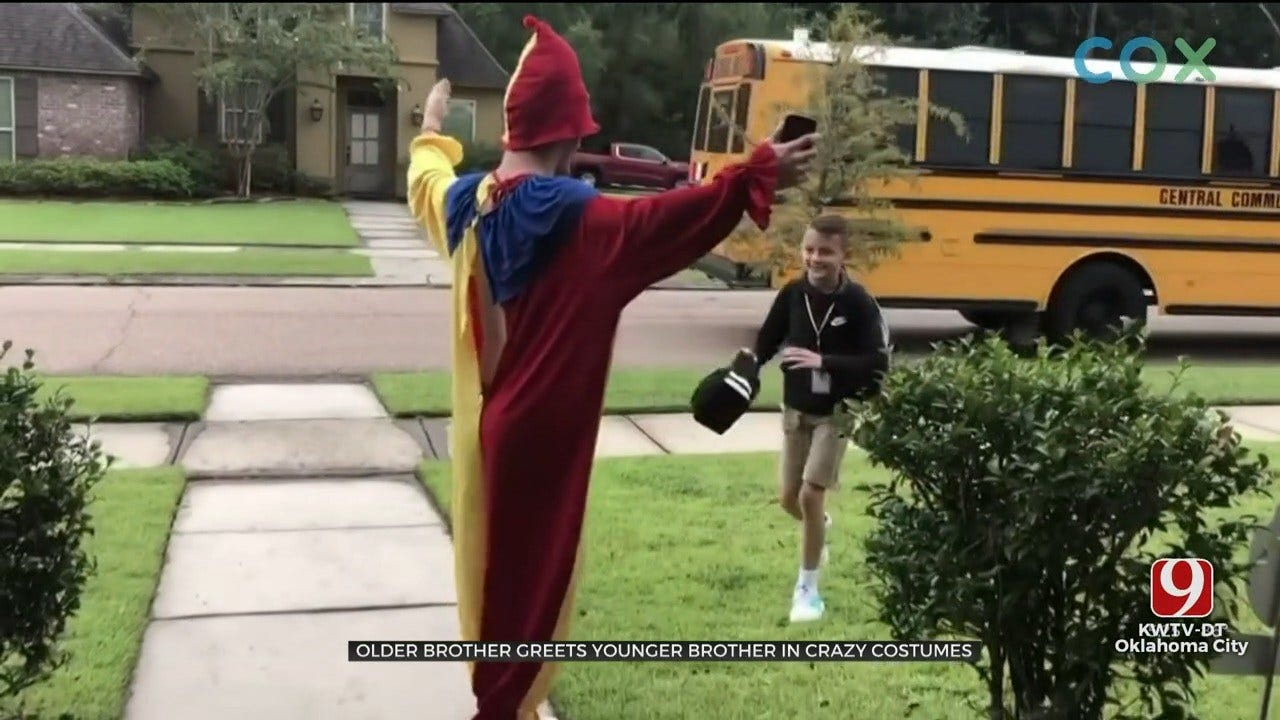 Teen Dresses Up In Different Costume Every Day To Pick Up Brother From Bus Stop