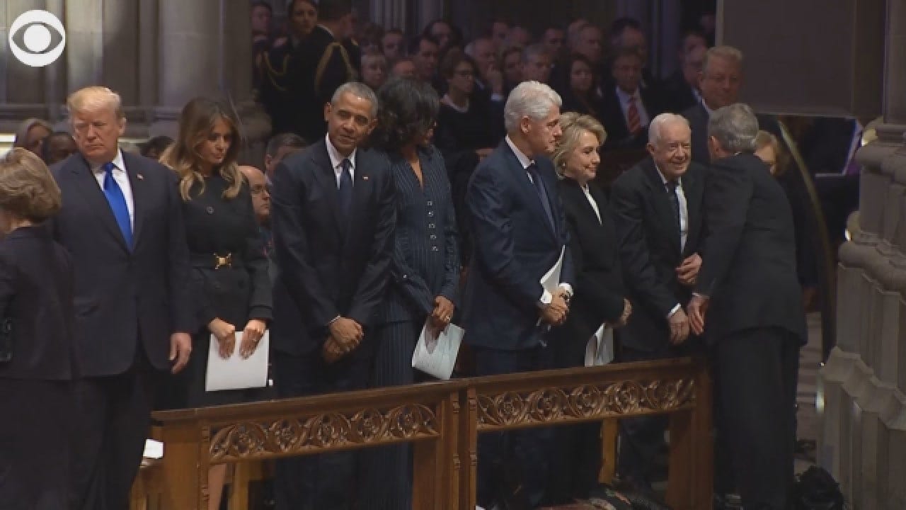Former President George W Bush Greets Presidents At His Father's Funeral