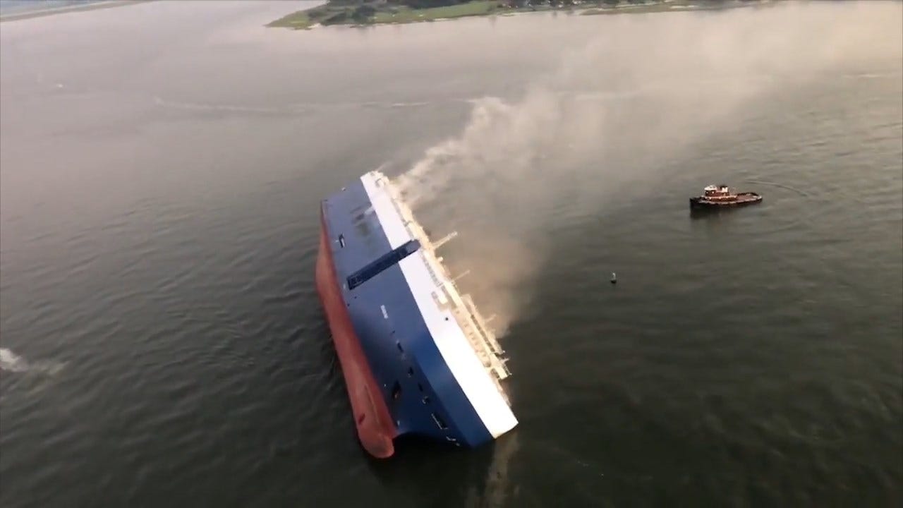 WATCH: Aerials After Cargo Ship Overturns Near Georgia Port, 4 Crew Members Missing