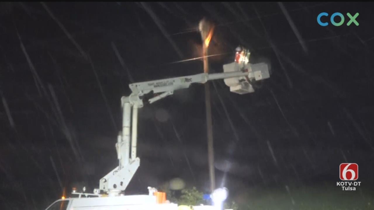 WATCH: News On 6 Storm Tracker Darren Stephens Finds Power Pole On Fire In Haskell Area