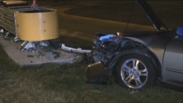 WEB EXTRA: Tulsa Man Arrested After Crashing Into Highway Sign