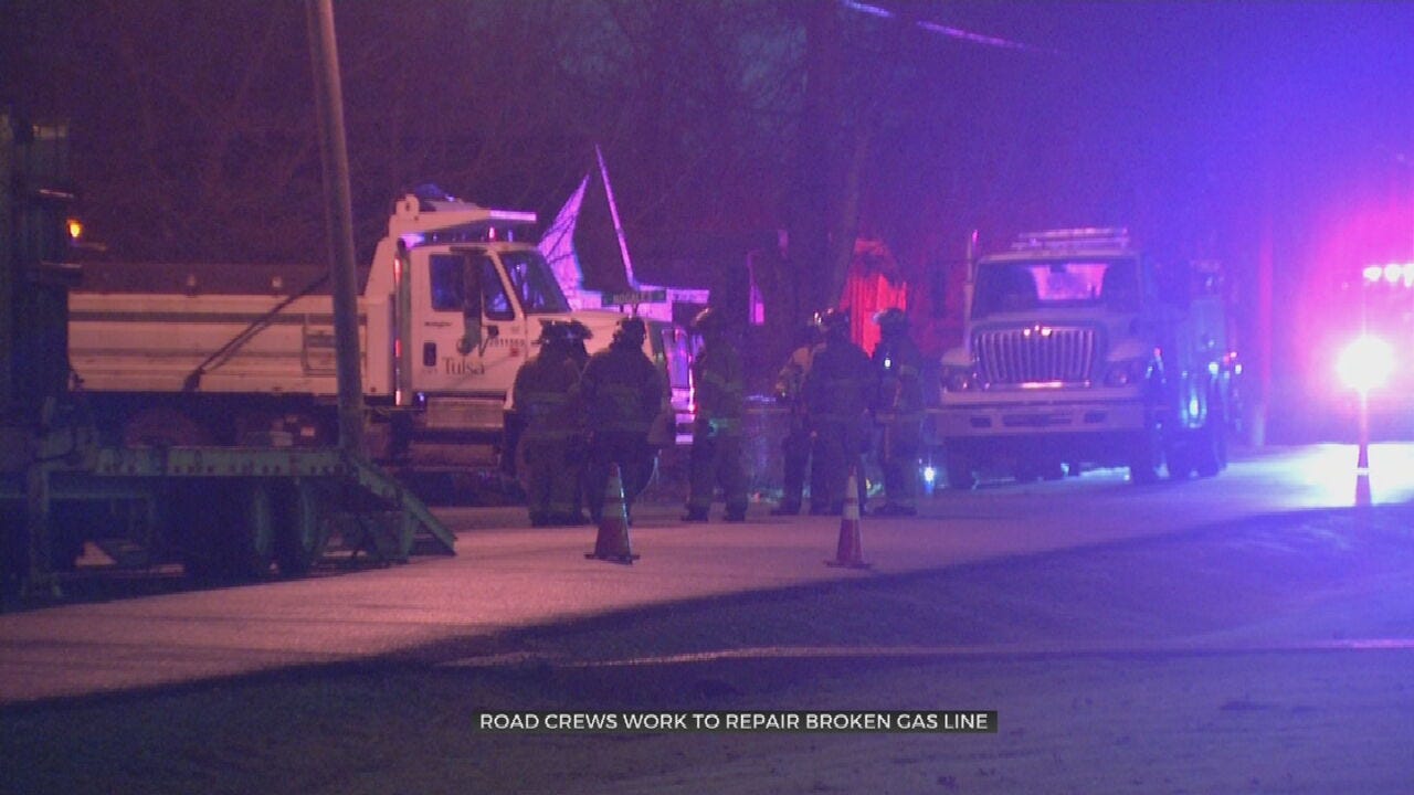 Road Crews Work To Repair Broken Gas Line In Tulsa Neighborhood