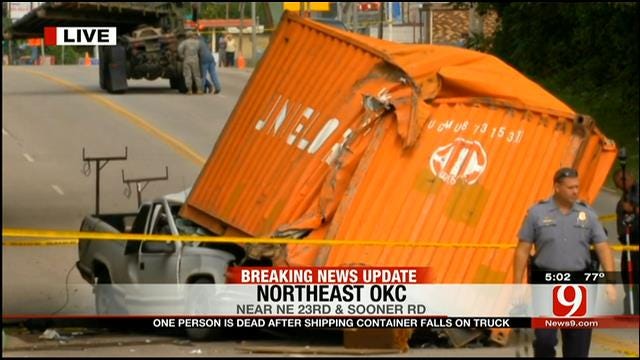 One Killed After Shipping Container Falls On Truck In OKC