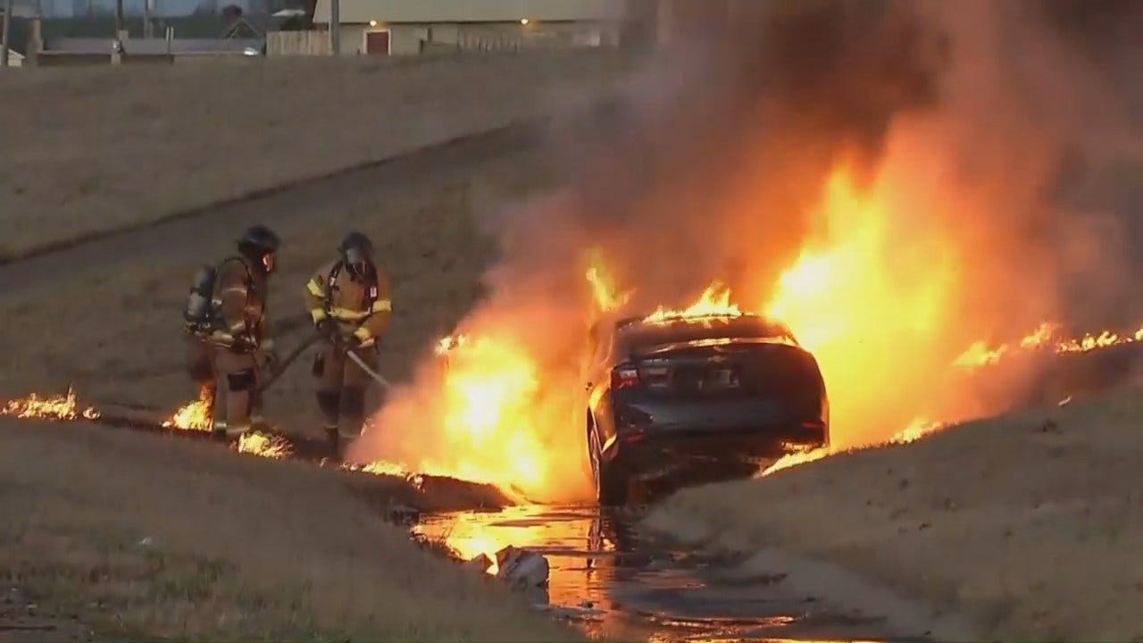 WEB EXTRA: Car Destroyed By Fire After Crash On I-44 In Tulsa
