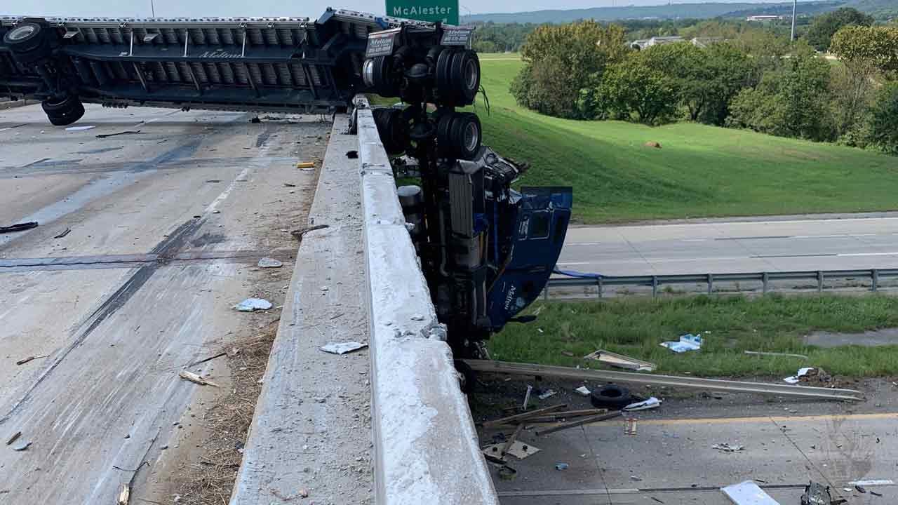 Semi-Truck Falls Off I-40 Overpass In Henryetta, Hangs Over Highway Below
