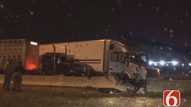 Erin Jones Reports From Turner Turnpike After Four Semis Crash