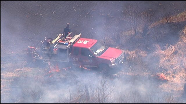 Brush Pumper Gets Stuck, Almost Catches On Fire In N.E. OKC Wildfire