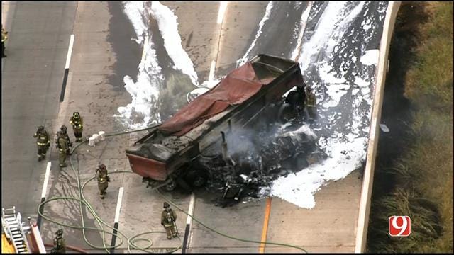 WEB EXTRA: Bob Mills SkyNews 9 HD Flies Over Semi-Truck Fire On I-40 At I-35.