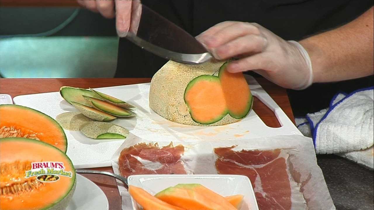 Prosciutto Ham Slices Wrapped Around Cantaloupe Slices
