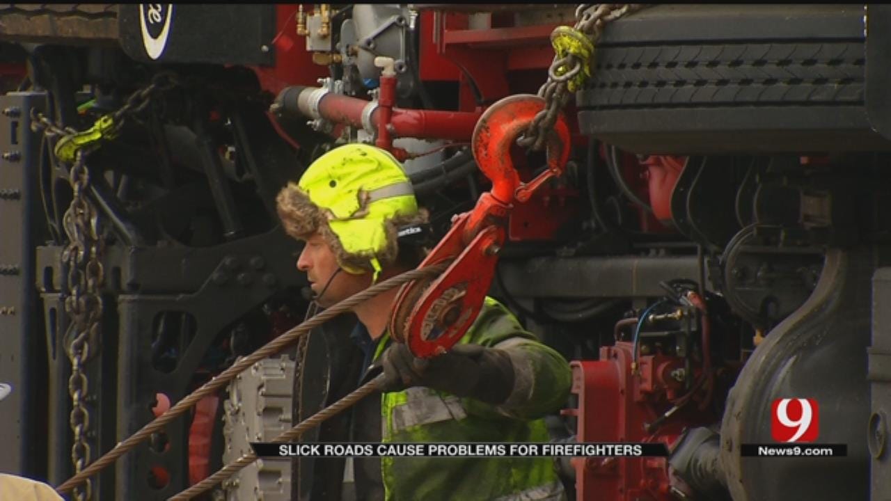 OKC Fire Engine Under Repair After Flipping On Icy Road