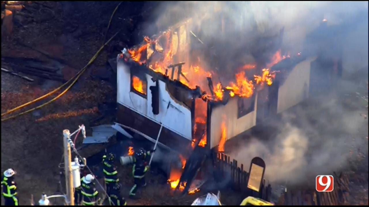 WEB EXTRA: SkyNews 9 Flies Over Mobile Home Fire SW Of Guthrie
