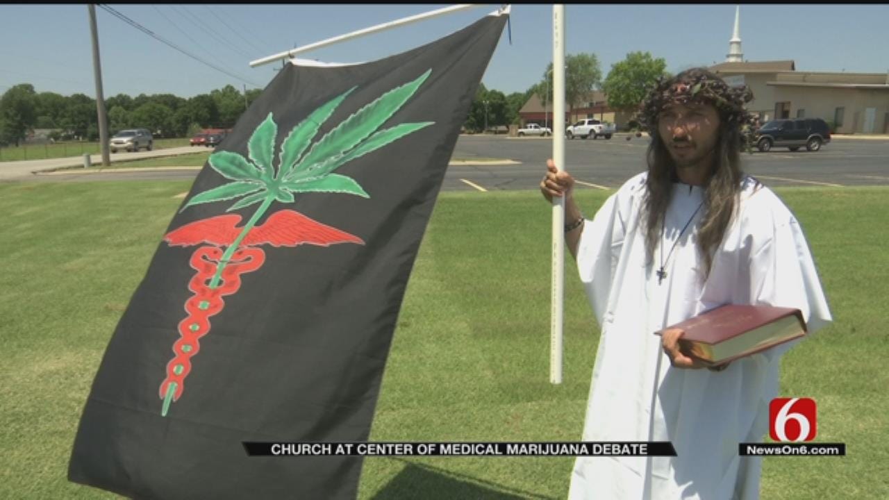 "The Hemp Father" Protests Anti-Marijuana Sign At Grove Church
