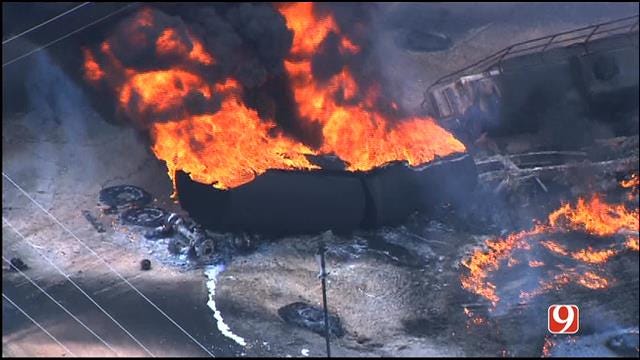 WEB EXTRA: Fire Crews Douse Blaze At Tanker Truck Wreck