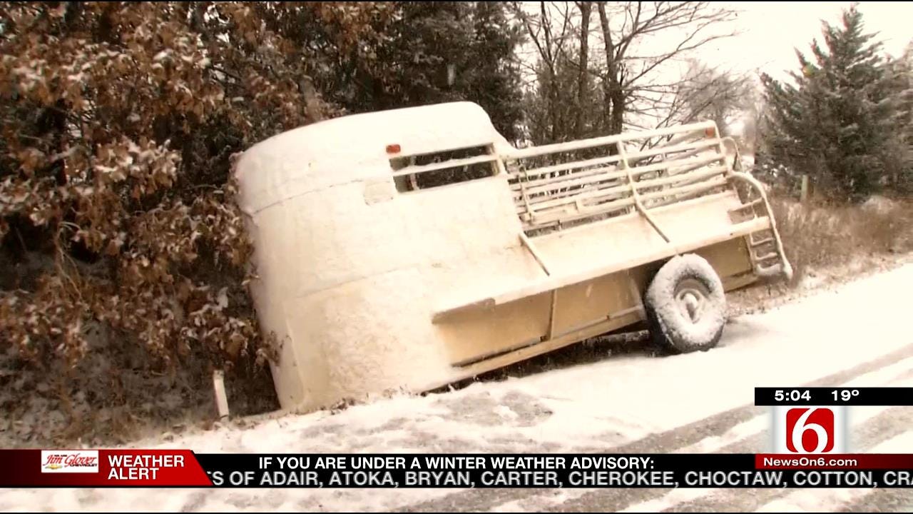 Propane Truck Rolls On Snowy Osage County Highway