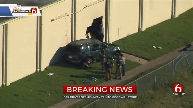 SUV Runs Off Highway 75, Crashes Into Tulsa Goodwill Building