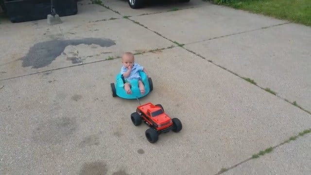 Dad Modifies RC Car, Takes Baby Son For A Ride