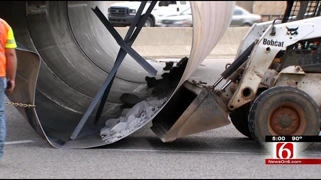 No Injuries When Giant Pipe Falls Off Truck, Blocks Eastbound I-244