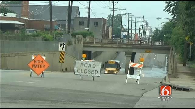 WEB EXTRA: Tulsa School Bus Drives Through High Water On Closed Road