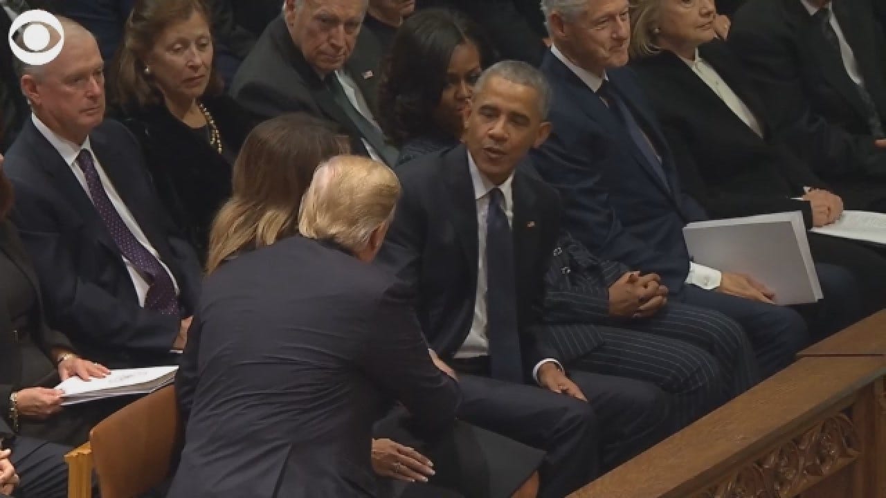 President Trump Greets Former Presidents At President HW Bush's Funeral