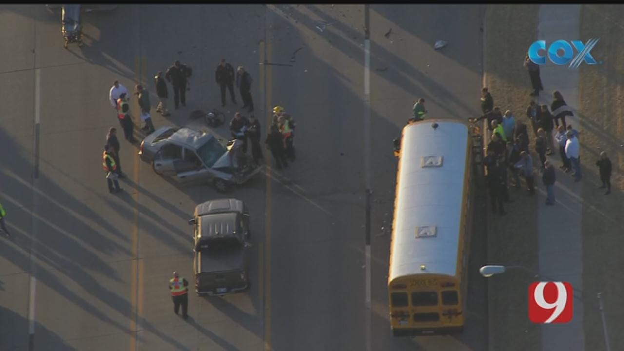 Injuries Were Reported In A Mustang Crash Involving A School Bus