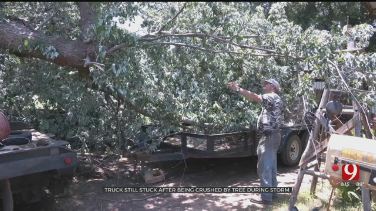 Massive Tree Crushes Kingfisher County Man's Work Truck After Severe Storm