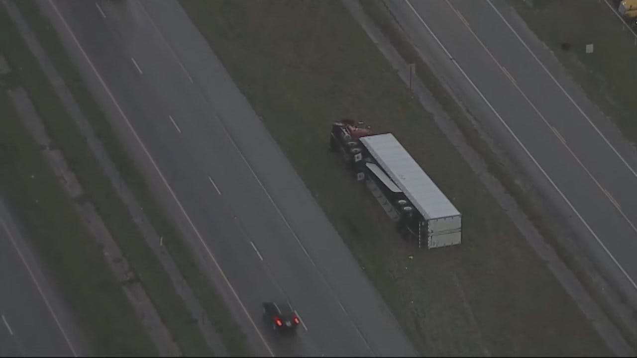 Strong Winds Flips Semi And Trailer Home In Texas