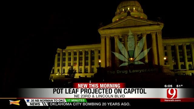 Picture Of Marijuana Leaf Projected Onto OK State Capitol Building