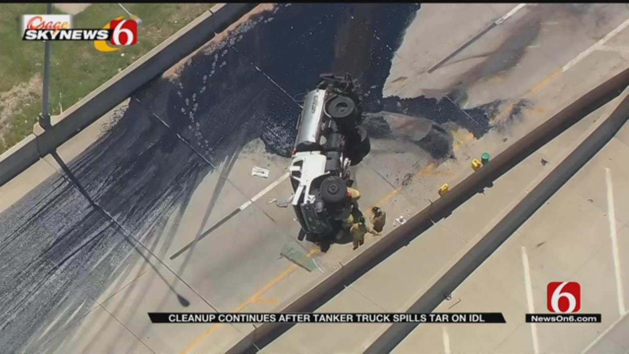 Tanker Overturns, Spilling Roofing Tar On Tulsa Highway