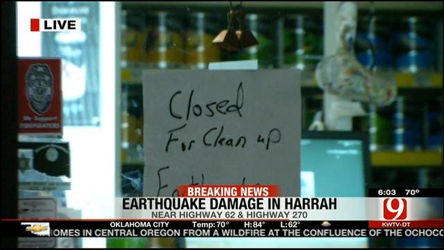 Damage Reported In Downtown Harrah Following Earthquakes