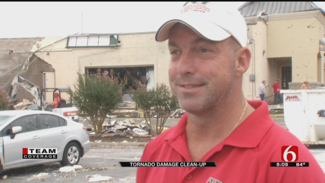 Restoration Crews Cleaning Debris Outside Tulsa Businesses Hit By Tornadoes