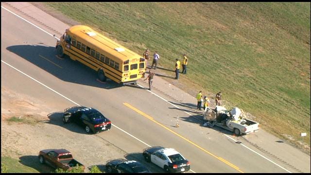 WEB EXTRA: SkyNews 9 Flies Over School Bus, Pickup Crash Near Chickasha