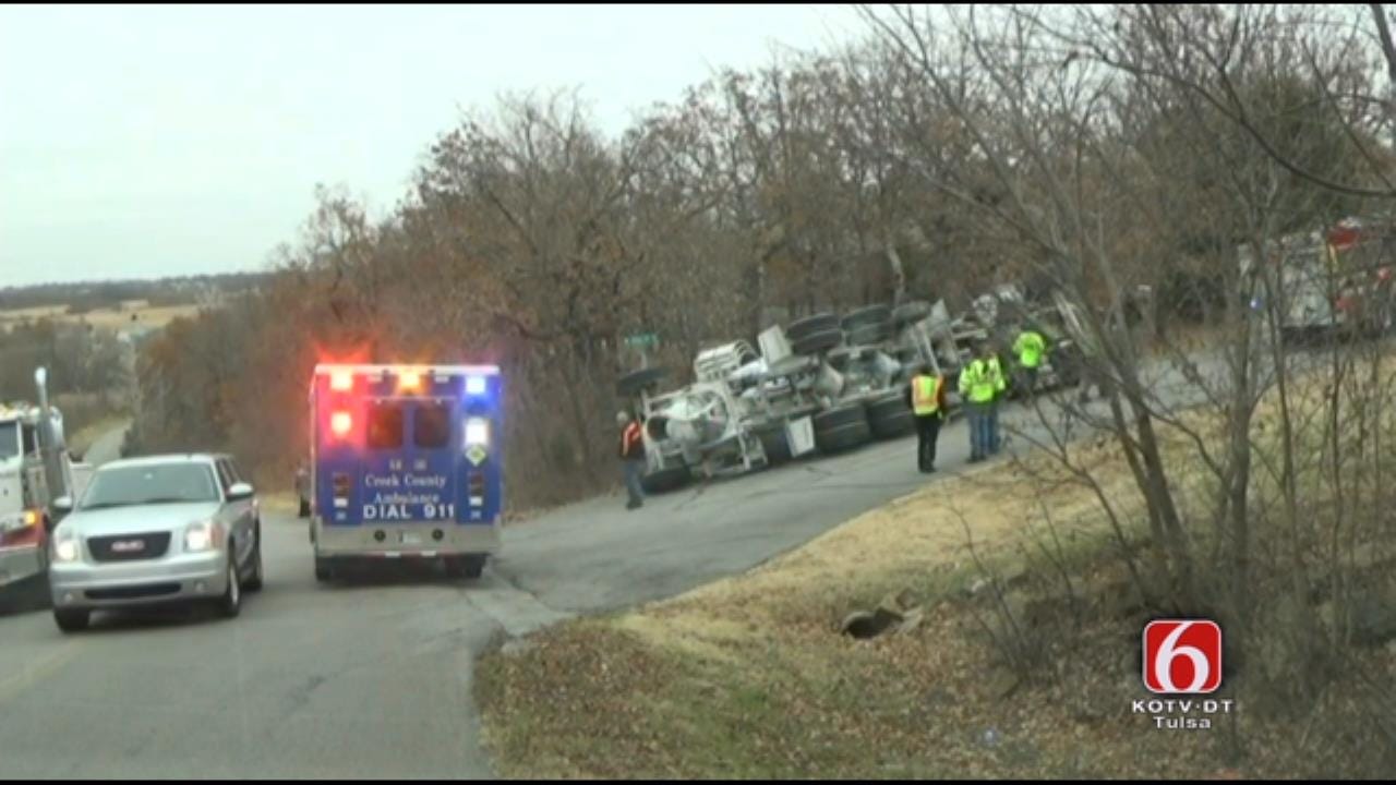 WEB EXTRA: Concrete Truck Overturns In Creek County